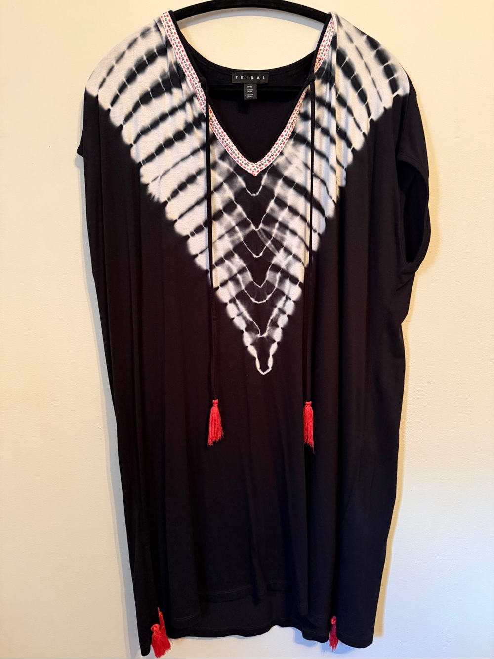 Tribal Black & White Tie-Dye V-Neck Dress with Red Tassels
